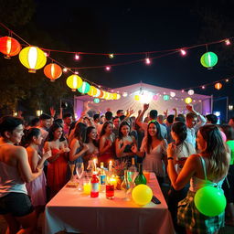 A vibrant and colorful party scene set outdoors at night, illuminated by fairy lights and lanterns