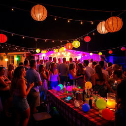 A vibrant and colorful party scene set outdoors at night, illuminated by fairy lights and lanterns