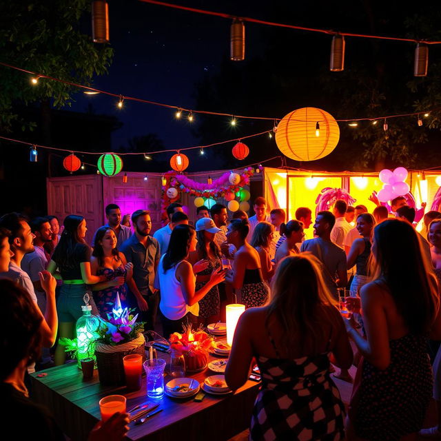 A vibrant and colorful party scene set outdoors at night, illuminated by fairy lights and lanterns