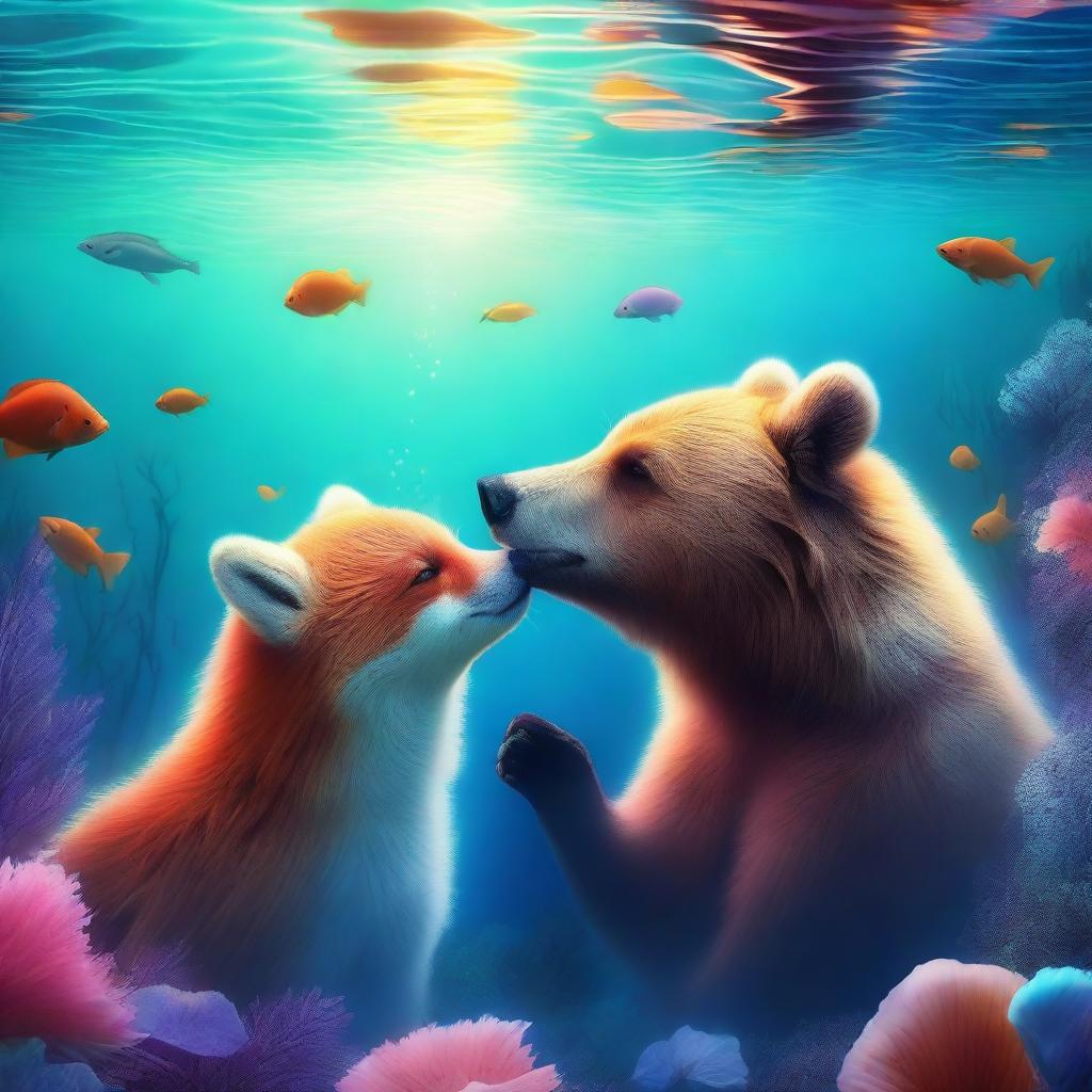 An exquisite digital art piece showcasing a bear and a fox sharing a loving kiss under the sea