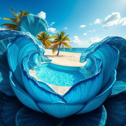 An incredibly realistic image of a flower design, where the petals are artistically created to mimic the rolling waves of the sea, with shades of deep blue and turquoise reflecting the natural beauty of the ocean