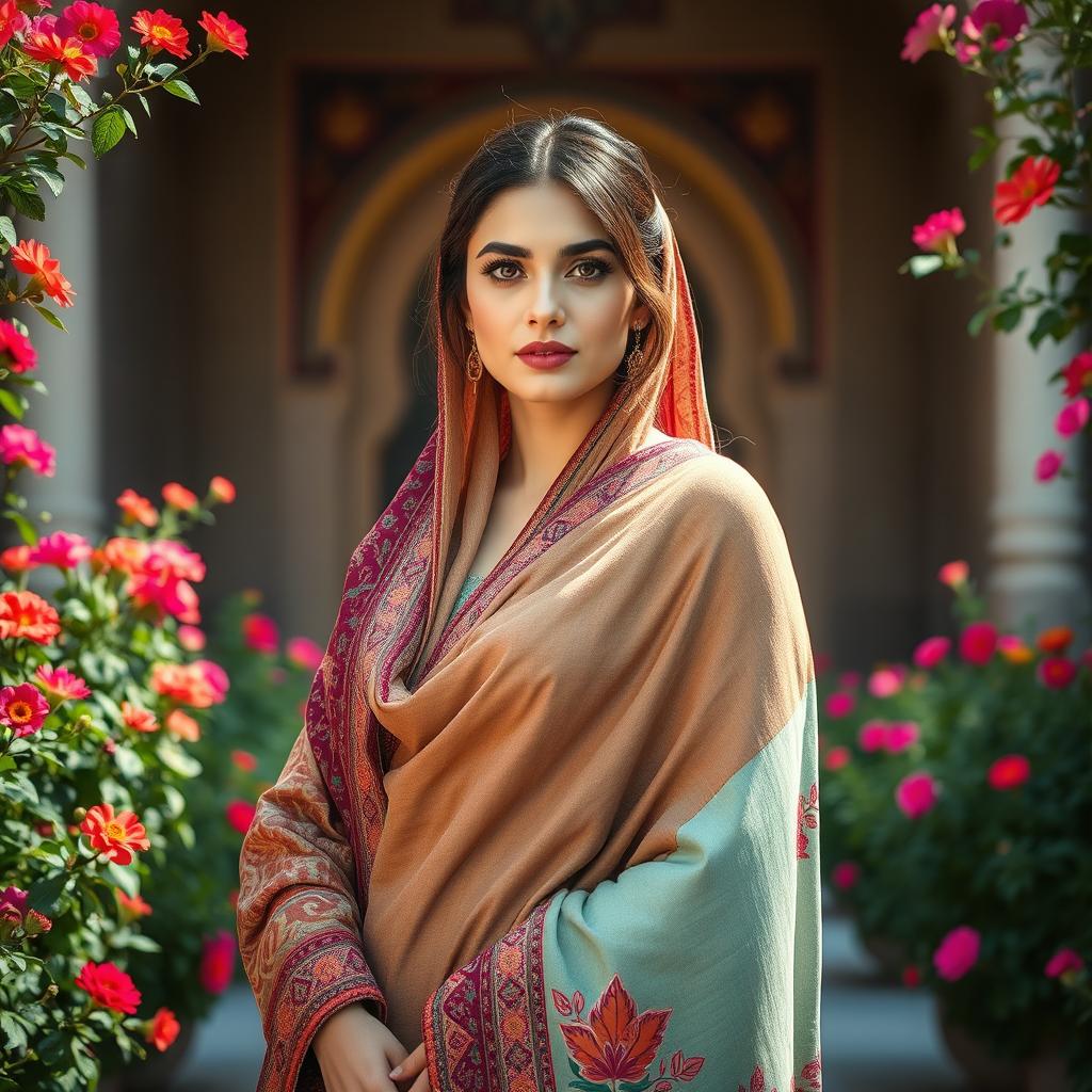 A stunning Iranian woman with classical Aslani features, wearing a traditional Shirazi shawl and outfit, standing elegantly in the Saadi Tomb