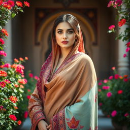 A stunning Iranian woman with classical Aslani features, wearing a traditional Shirazi shawl and outfit, standing elegantly in the Saadi Tomb