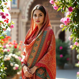 A stunning Iranian woman with classical Aslani features, wearing a traditional Shirazi shawl and outfit, standing elegantly in the Saadi Tomb