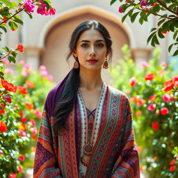 A stunning Iranian woman with classical Aslani features, wearing a traditional Shirazi shawl and outfit, standing elegantly in the Saadi Tomb