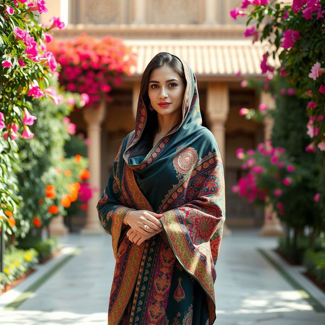 A stunning Iranian woman with classical Aslani features, wearing a traditional Shirazi shawl and outfit, standing elegantly in the Saadi Tomb