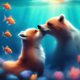 An exquisite digital art piece showcasing a bear and a fox sharing a loving kiss under the sea