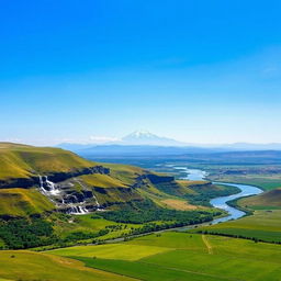 A picturesque landscape featuring a distant mountain range with a clear blue sky