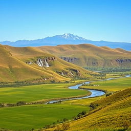 A picturesque landscape featuring a distant mountain range with a clear blue sky