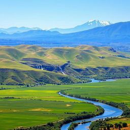 A picturesque landscape featuring a distant mountain range with a clear blue sky