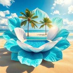 A breathtakingly realistic image showcasing a flower design where the petals are transformed into the lively surface of the sea, depicting shimmering blue and green waves as if in motion