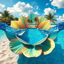 A breathtakingly realistic image showcasing a flower design where the petals are transformed into the lively surface of the sea, depicting shimmering blue and green waves as if in motion