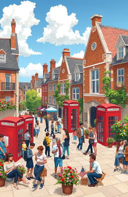 A vibrant and colorful illustration depicting a diverse group of people enjoying an open space in an English town square, featuring historical architecture, flowering plants, traditional red telephone booths, and people engaged in various activities such as talking, reading, and having coffee