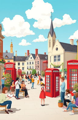 A vibrant and colorful illustration depicting a diverse group of people enjoying an open space in an English town square, featuring historical architecture, flowering plants, traditional red telephone booths, and people engaged in various activities such as talking, reading, and having coffee