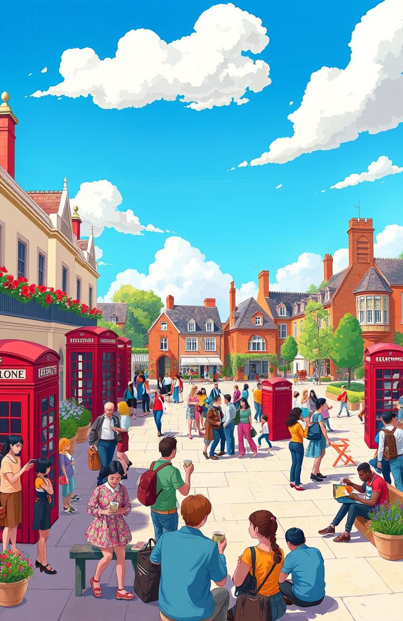 A vibrant and colorful illustration depicting a diverse group of people enjoying an open space in an English town square, featuring historical architecture, flowering plants, traditional red telephone booths, and people engaged in various activities such as talking, reading, and having coffee