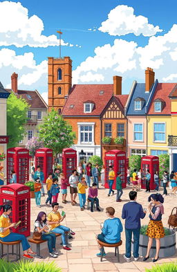 A vibrant and colorful illustration depicting a diverse group of people enjoying an open space in an English town square, featuring historical architecture, flowering plants, traditional red telephone booths, and people engaged in various activities such as talking, reading, and having coffee