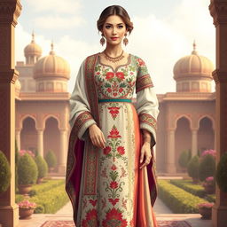 A beautiful and elaborate design of a Shirazi woman's traditional clothing, featuring intricate patterns and vibrant colors typical of Shiraz culture