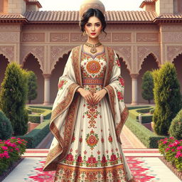 A beautiful and elaborate design of a Shirazi woman's traditional clothing, featuring intricate patterns and vibrant colors typical of Shiraz culture