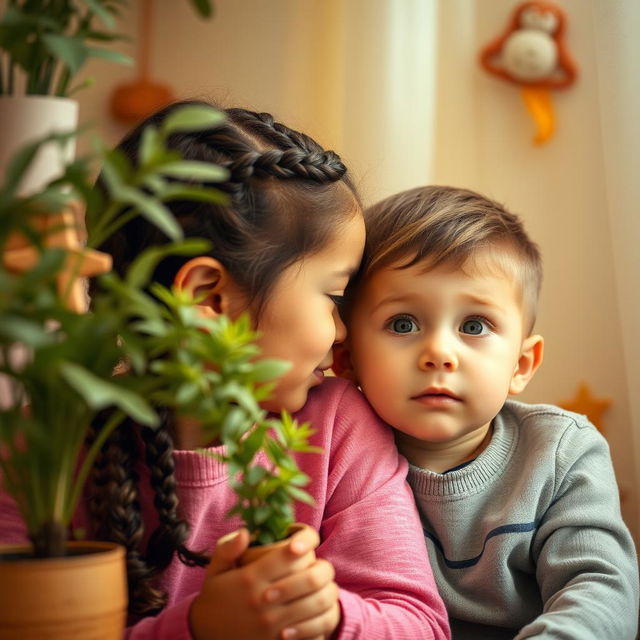 A scene featuring an older sister with braided hair, softly whispering in the ear of her younger brother