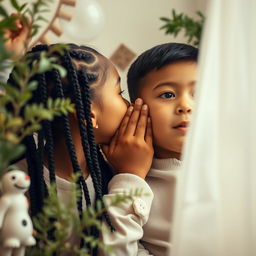 A scene featuring an older sister with braided hair, softly whispering in the ear of her younger brother