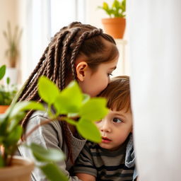 A scene featuring an older sister with braided hair, softly whispering in the ear of her younger brother