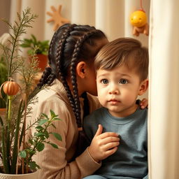 A scene featuring an older sister with braided hair, softly whispering in the ear of her younger brother