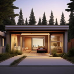 Draw a compact, 600 square foot house boasting a single cozy living room, attached garage, welcoming veranda and a comfortable bedroom