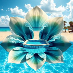 A hyper-realistic image of a flower design, featuring petals that seamlessly blend into the majestic colors and patterns of the sea, with deep blues, greens, and white caps mimicking ocean waves
