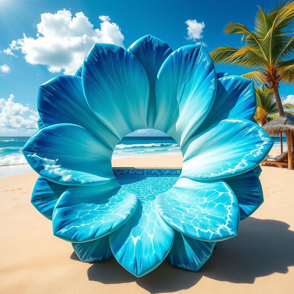 A hyper-realistic image of a flower design, featuring petals that seamlessly blend into the majestic colors and patterns of the sea, with deep blues, greens, and white caps mimicking ocean waves