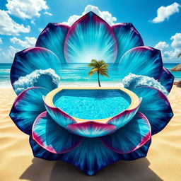 A hyper-realistic image of a flower design, featuring petals that seamlessly blend into the majestic colors and patterns of the sea, with deep blues, greens, and white caps mimicking ocean waves