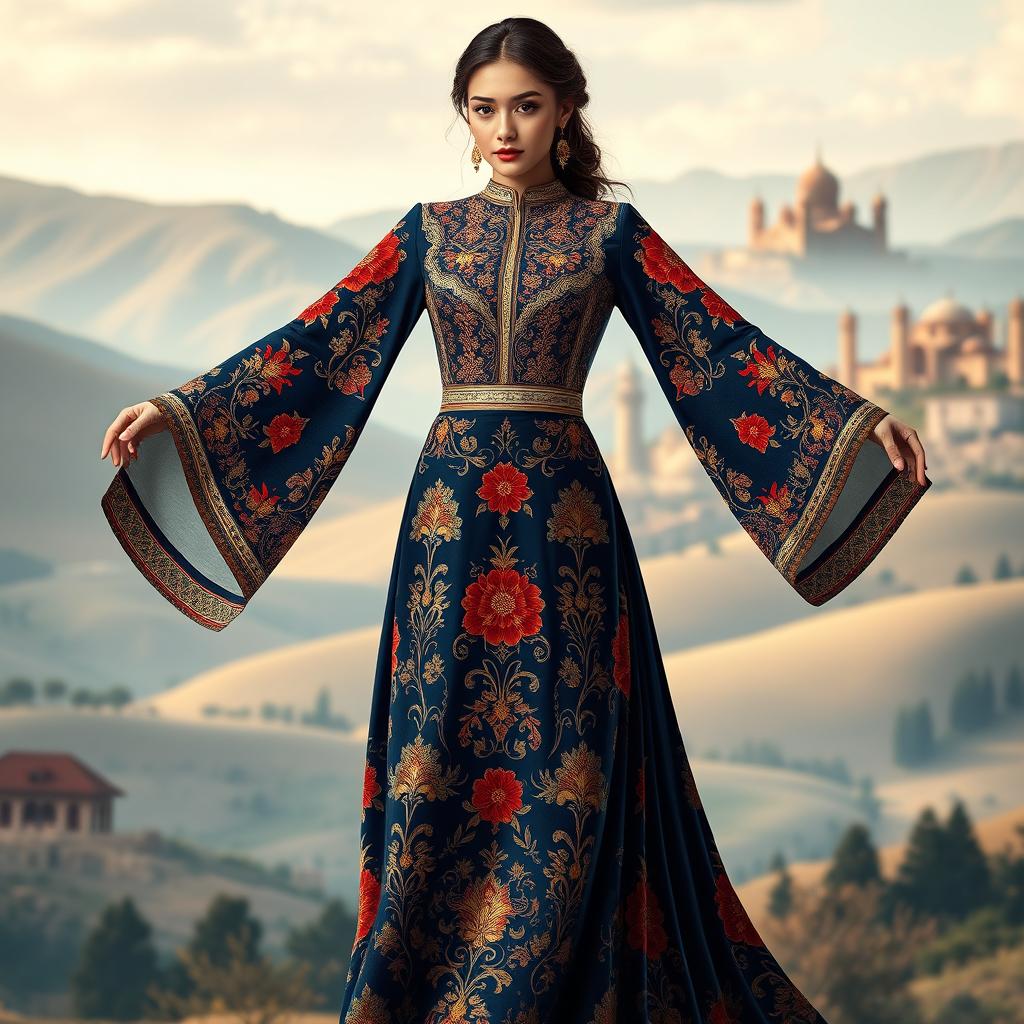 A stunning and elegant design of a traditional Shirazi women's dress featuring intricate patterns and vibrant colors