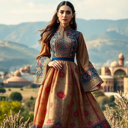 A stunning and elegant design of a traditional Shirazi women's dress featuring intricate patterns and vibrant colors