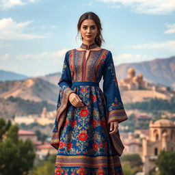 A stunning and elegant design of a traditional Shirazi women's dress featuring intricate patterns and vibrant colors