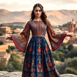 A stunning and elegant design of a traditional Shirazi women's dress featuring intricate patterns and vibrant colors