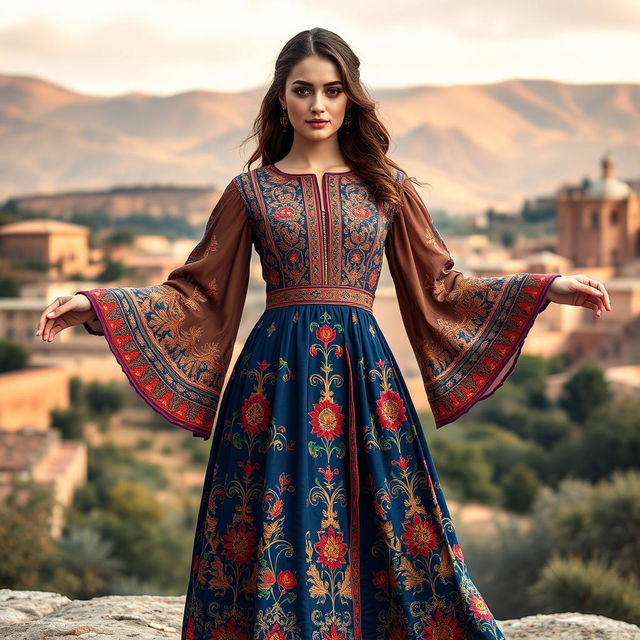 A stunning and elegant design of a traditional Shirazi women's dress featuring intricate patterns and vibrant colors