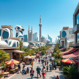 A vibrant, futuristic vision of Tehran, Iran, reimagined in a world where Islam doesn't exist