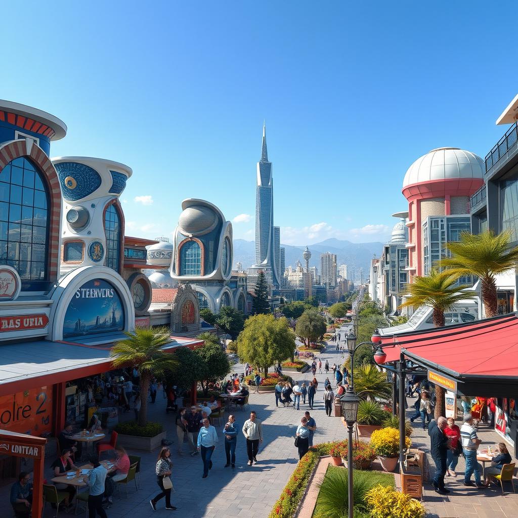 A vibrant, futuristic vision of Tehran, Iran, reimagined in a world where Islam doesn't exist