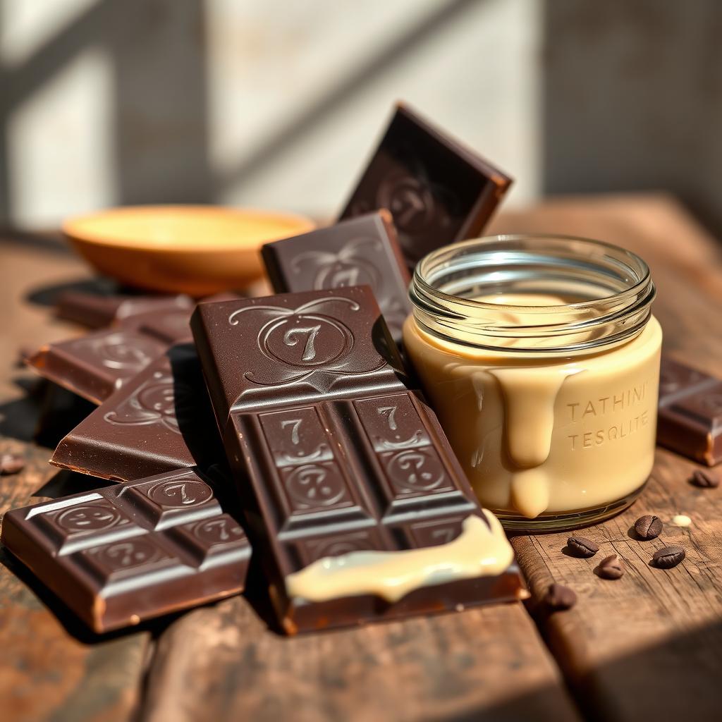 A delectable still life featuring a luxurious arrangement of dark chocolate bars and a jar of creamy tahini