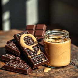A delectable still life featuring a luxurious arrangement of dark chocolate bars and a jar of creamy tahini
