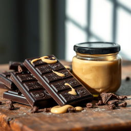 A delectable still life featuring a luxurious arrangement of dark chocolate bars and a jar of creamy tahini