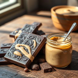 A delectable still life featuring a luxurious arrangement of dark chocolate bars and a jar of creamy tahini