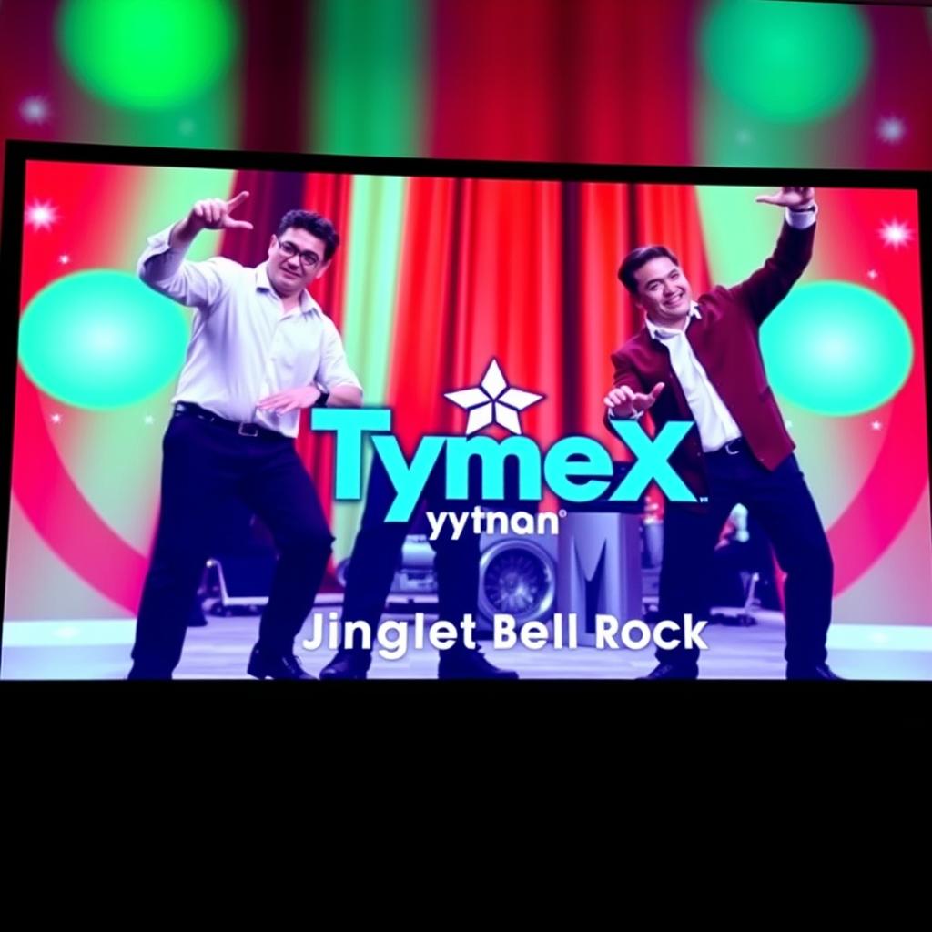 A festive presentation slide for the 'TymeX Got Talent' event, showcasing four male employees performing the 'Jingle Bell Rock' dance