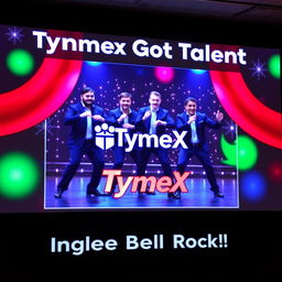 A festive presentation slide for the 'TymeX Got Talent' event, showcasing four male employees performing the 'Jingle Bell Rock' dance