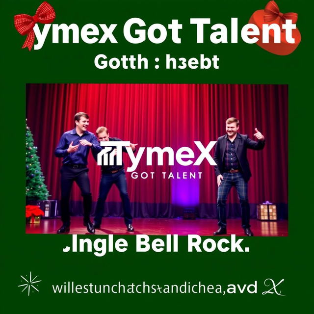 A festive presentation slide for the 'TymeX Got Talent' event, showcasing four male employees performing the 'Jingle Bell Rock' dance