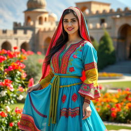 A beautiful Iranian woman wearing traditional Shirazi women's clothing, showcasing vibrant colors and intricate patterns