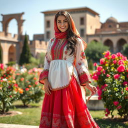 A beautiful Iranian woman wearing traditional Shirazi women's clothing, showcasing vibrant colors and intricate patterns