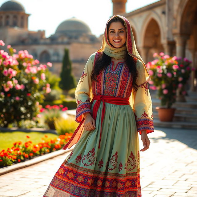 A beautiful Iranian woman wearing traditional Shirazi women's clothing, showcasing vibrant colors and intricate patterns