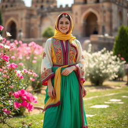 A beautiful Iranian woman wearing traditional Shirazi women's clothing, showcasing vibrant colors and intricate patterns