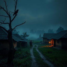 A serene village scene in Kalighat, enveloped in an eerie tranquility, with traditional mud houses and lush green fields under a dusky sky, casting long shadows