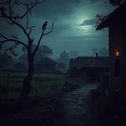 A serene village scene in Kalighat, enveloped in an eerie tranquility, with traditional mud houses and lush green fields under a dusky sky, casting long shadows